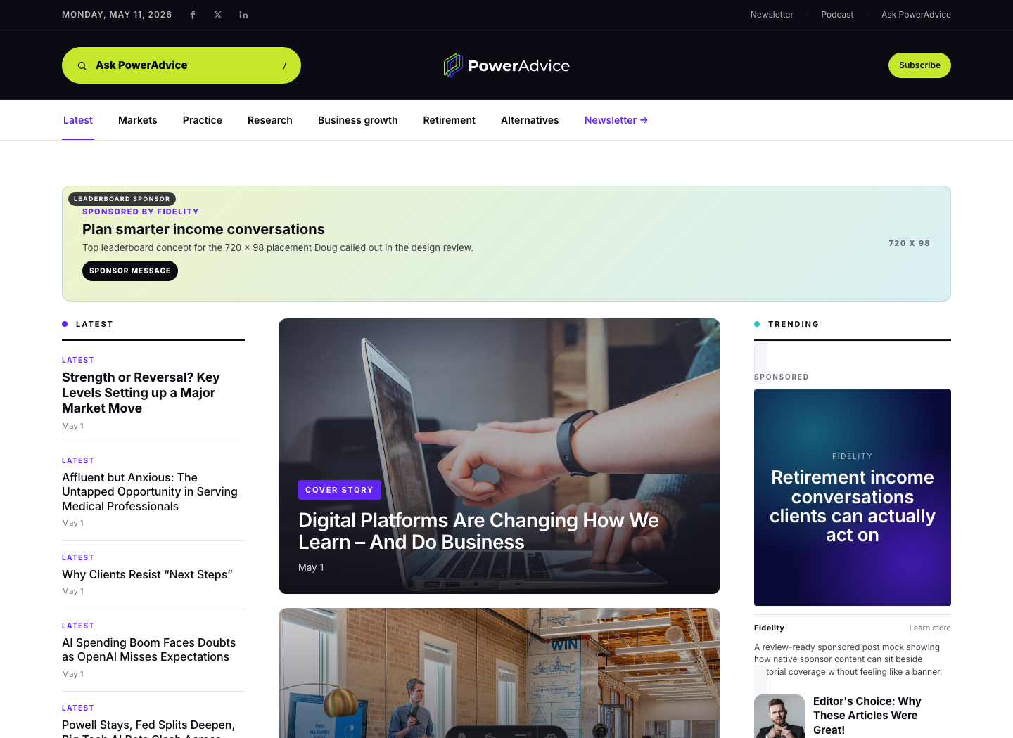 PowerAdvice homepage with live article rails
