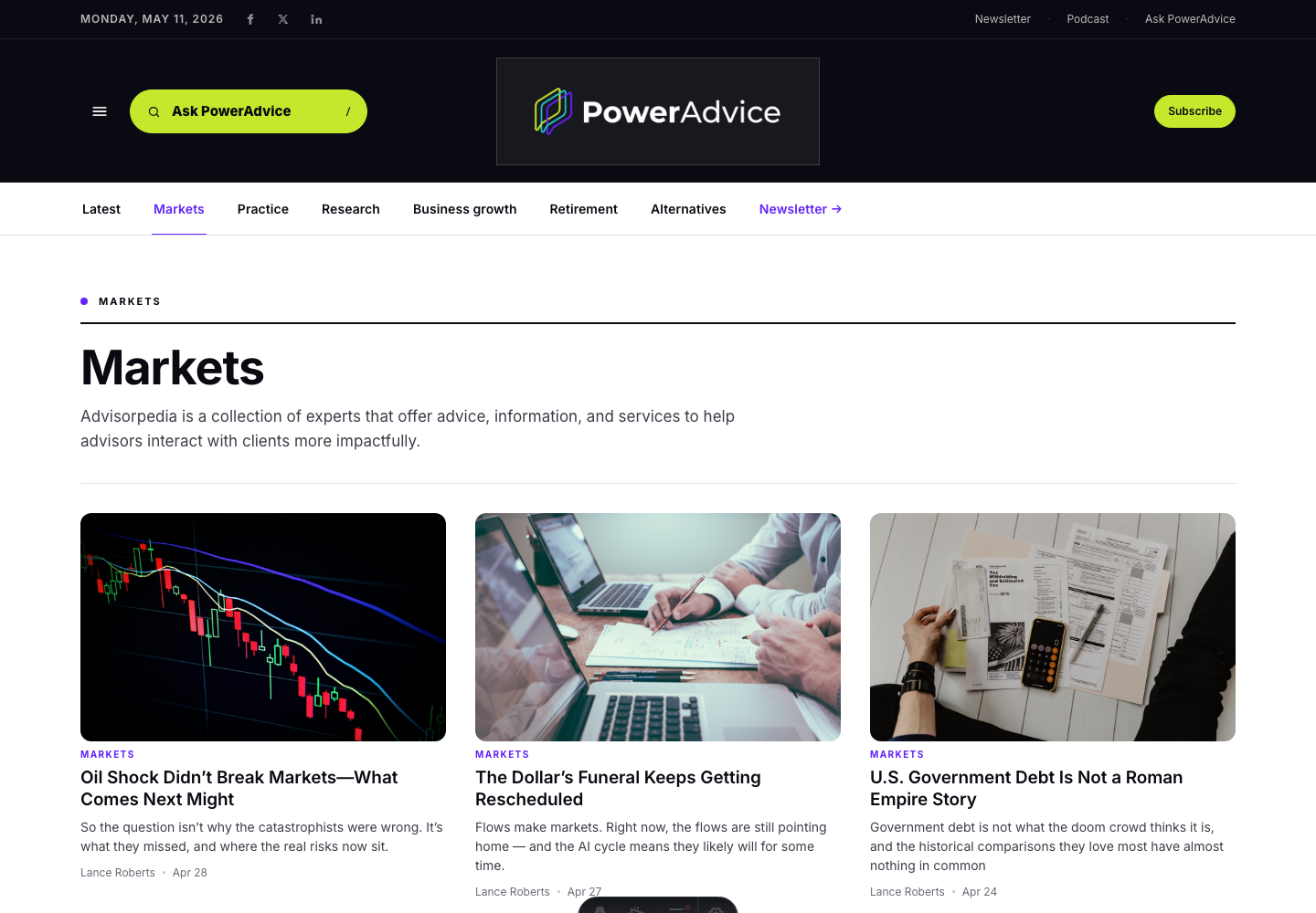 Markets channel page with article grid