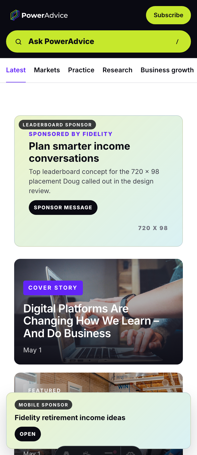 Mobile PowerAdvice homepage